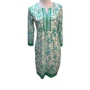 Tango Mango Floral Shift Dress Green White Split Neck 3/4 Sleeve Small